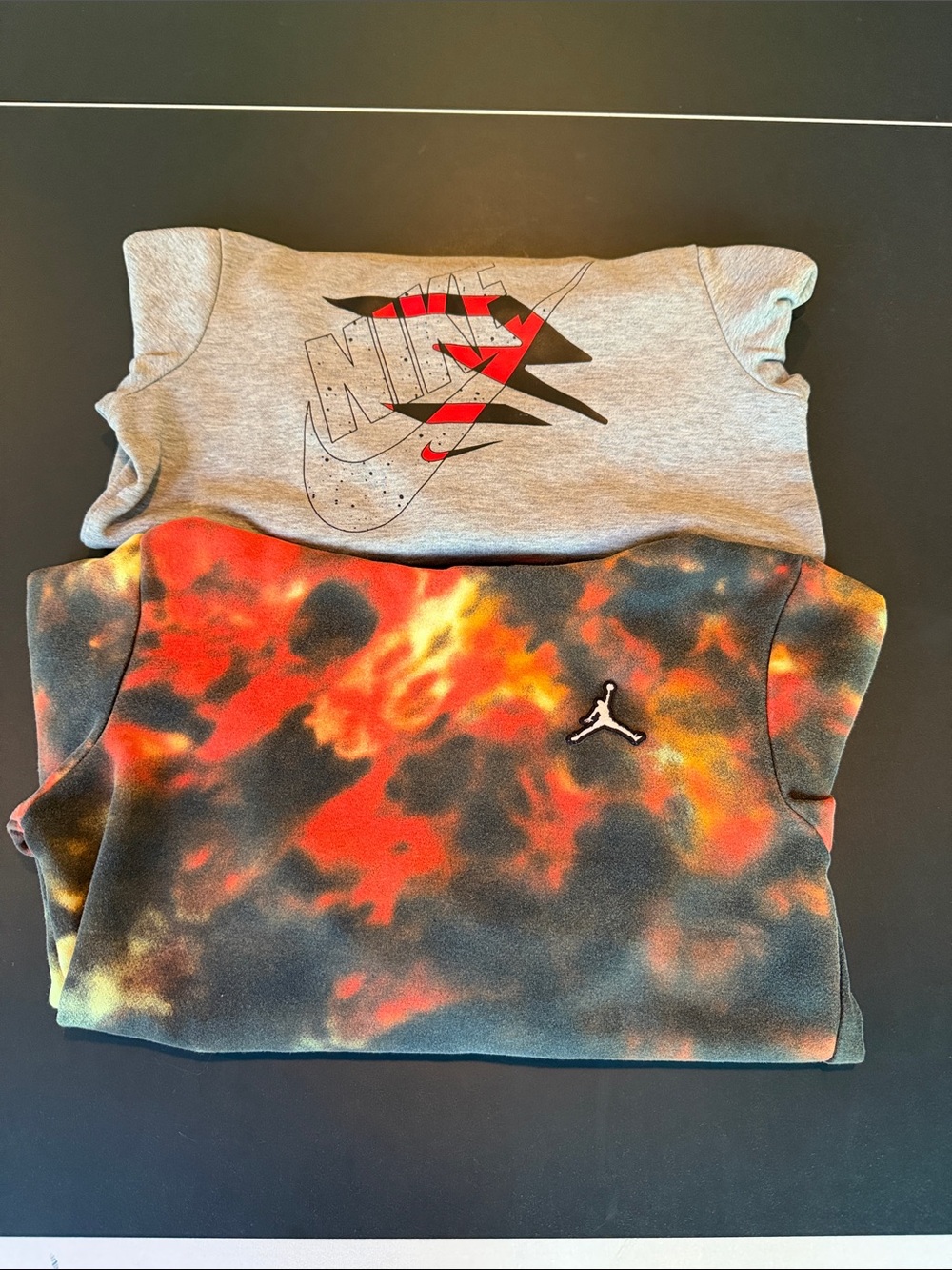 Nike Kids Two-Piece Set with Grey Logo Top and Red-Orange Tie-Dye Hoodie